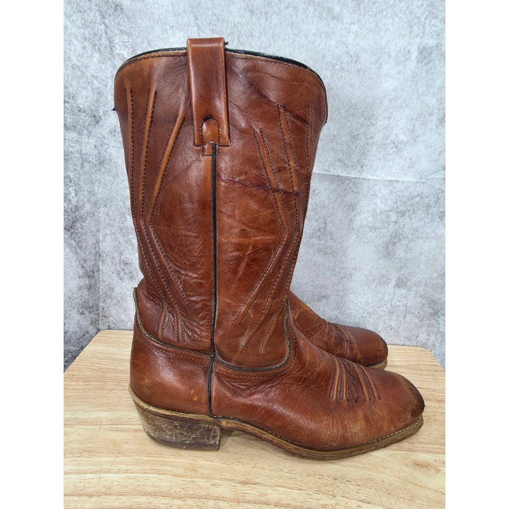 Vintge Acme Cowboy Boots Mens 10 Extra Wide Brown Leather Square Toe 80s 90s